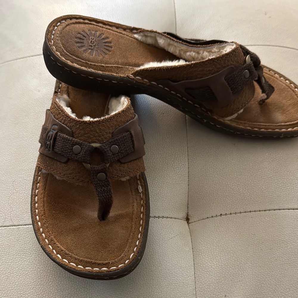 Brown Suede Shearling Lined Toe-Post Sandals